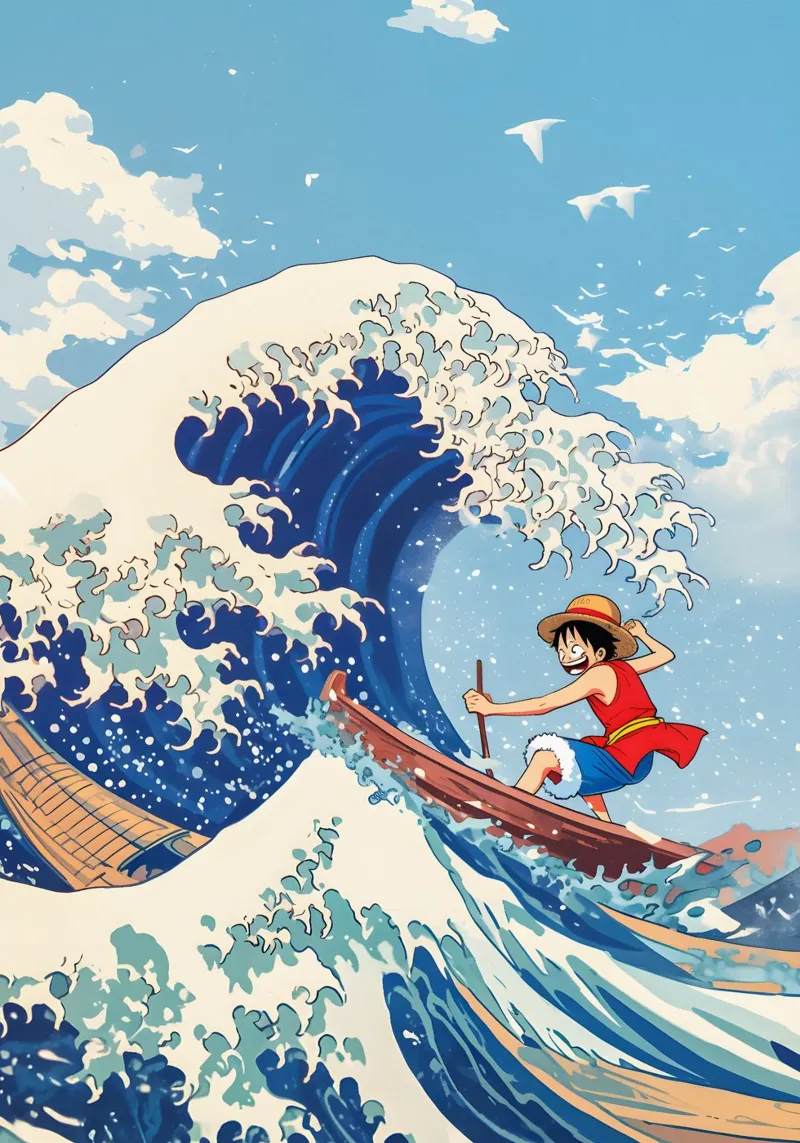 Luffy From One Piece surfing on The Great Wave off Kanagawa poster con telaio in alluminio da CreativeStudio