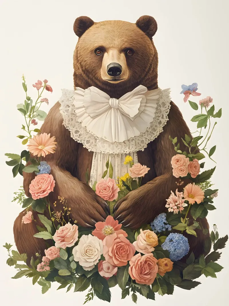 Orso vintage con fiori poster con telaio in alluminio da IamHomeStudio