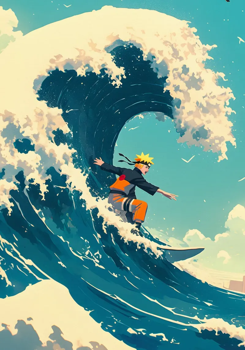 Naruto surfing on The Great Wave off Kanagawa poster con telaio in legno da CreativeStudio