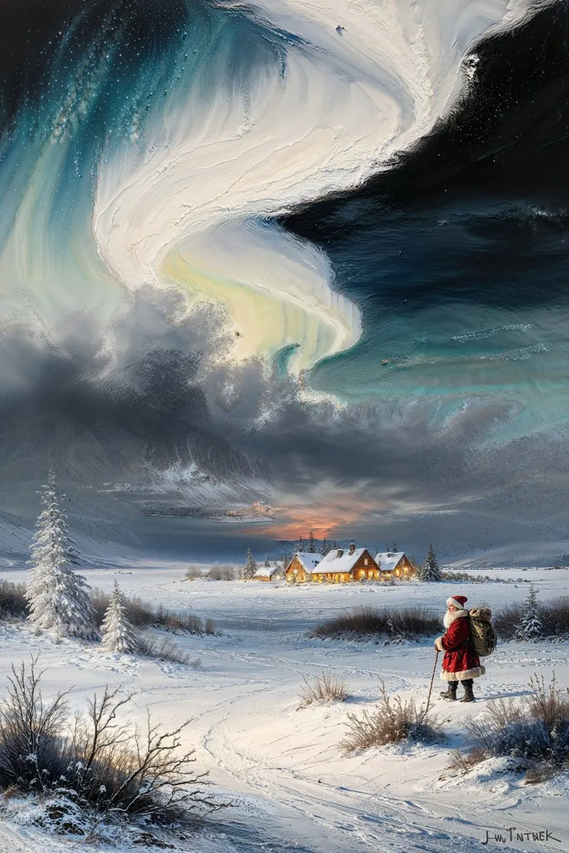 Kerstman wandelt naar een feestelijk dorp onder noorderlicht canvas met Baklijst van AlbertKlee