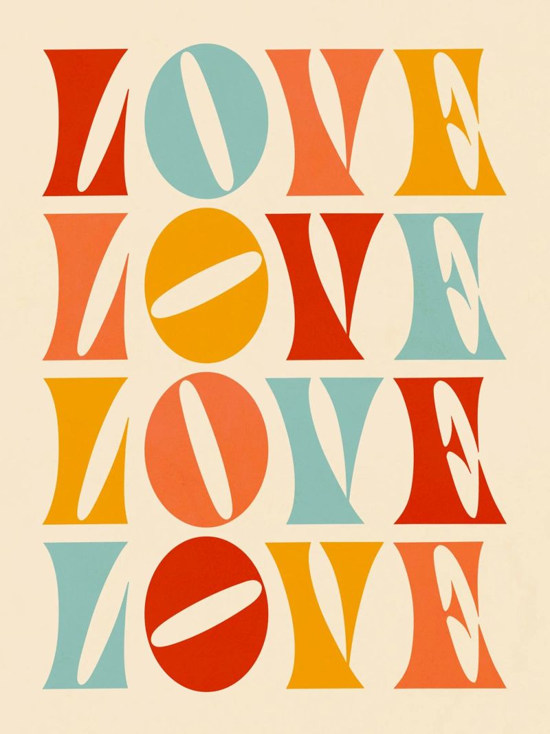 Retro "Love" Repeat - Typografisch Rot, Orange, Gelb, Poster von Dominique Vari Words