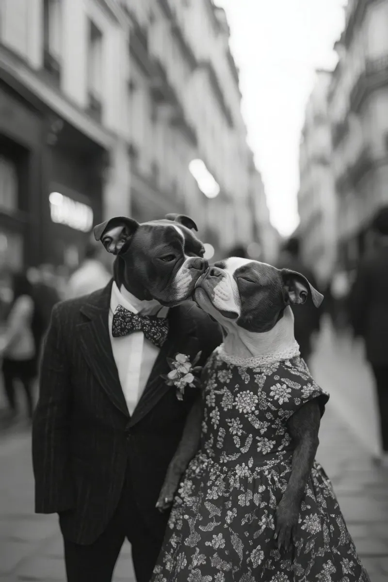 Abito per una serata romantica poster con telaio in alluminio da Affiches Chien Originales – Dogland