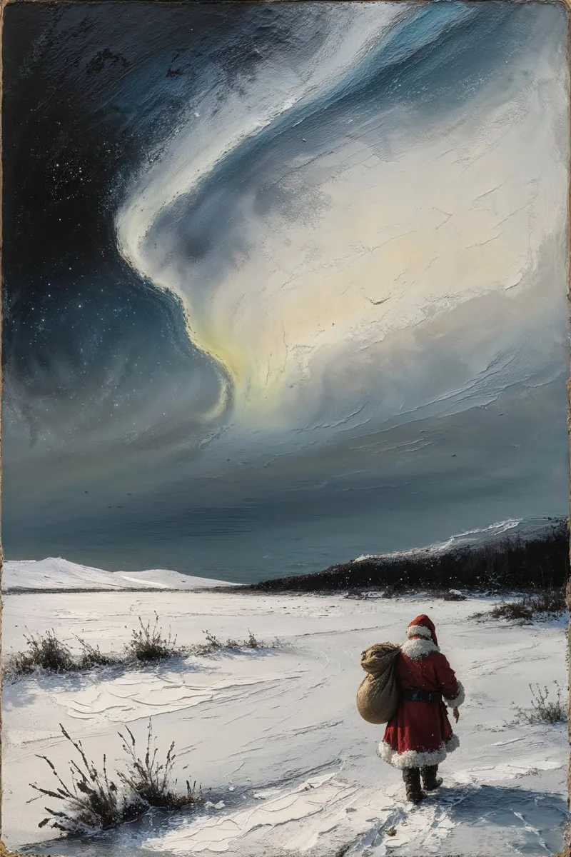 Kerstman onder het noorderlicht, winterlandschap canvas met Baklijst van AlbertKlee