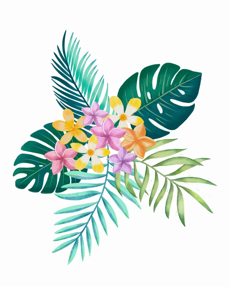 Sogno tropicale. Monstera, foglie di palma, fiori di plumeria. Esotico pellicola backlit da CalliLetters