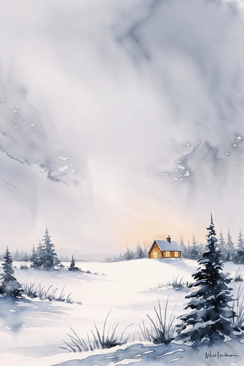 Impression d'art d'un chalet d'hiver paisible, aquarelle d'un paysage enneigé poster de AlbertKlee