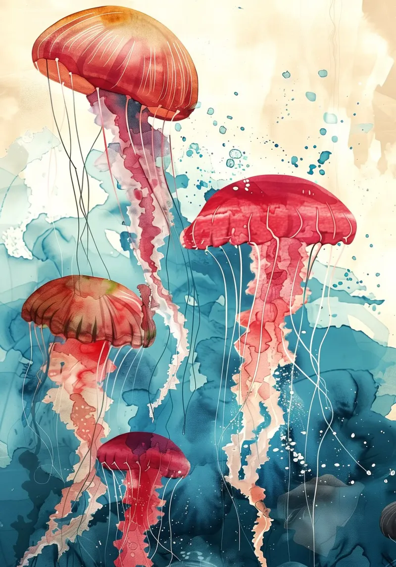Kwallen zeeleven dierenkunst poster met houten frame van Justyna Jaszke JBJart