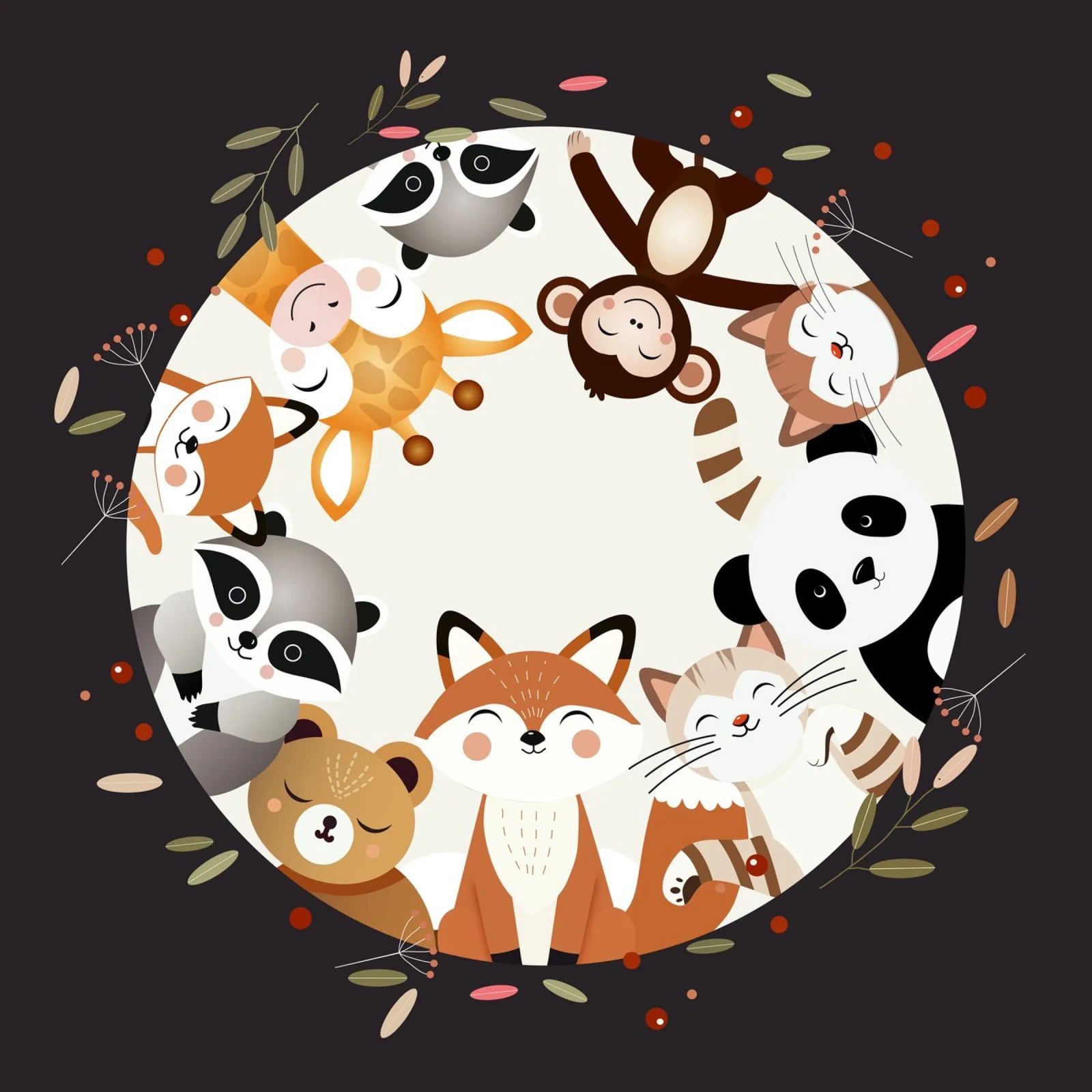 Des amis animaux joyeux dans un design circulaire hahnemühle de namosh