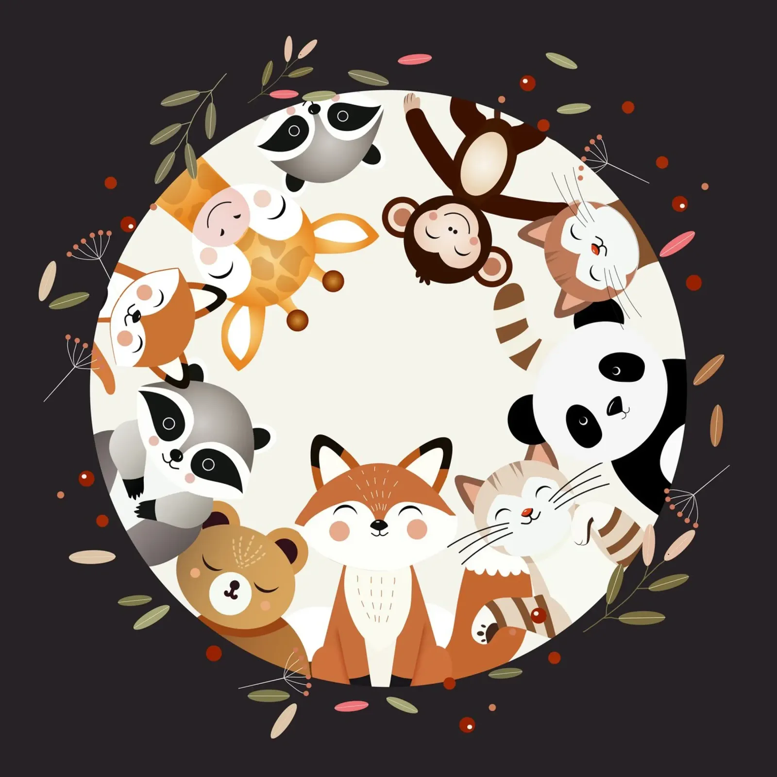 Alegres amigos animales en un diseño circular hahnemühle de namosh