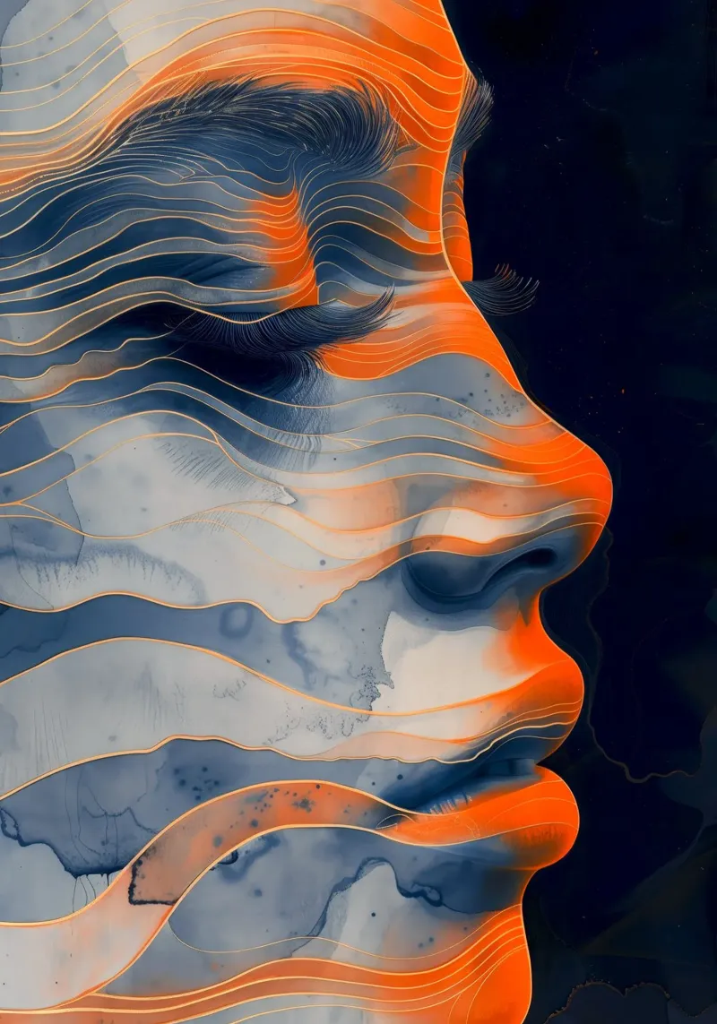 Vrouwengezicht oranje en blauw canvas van Justyna Jaszke JBJart