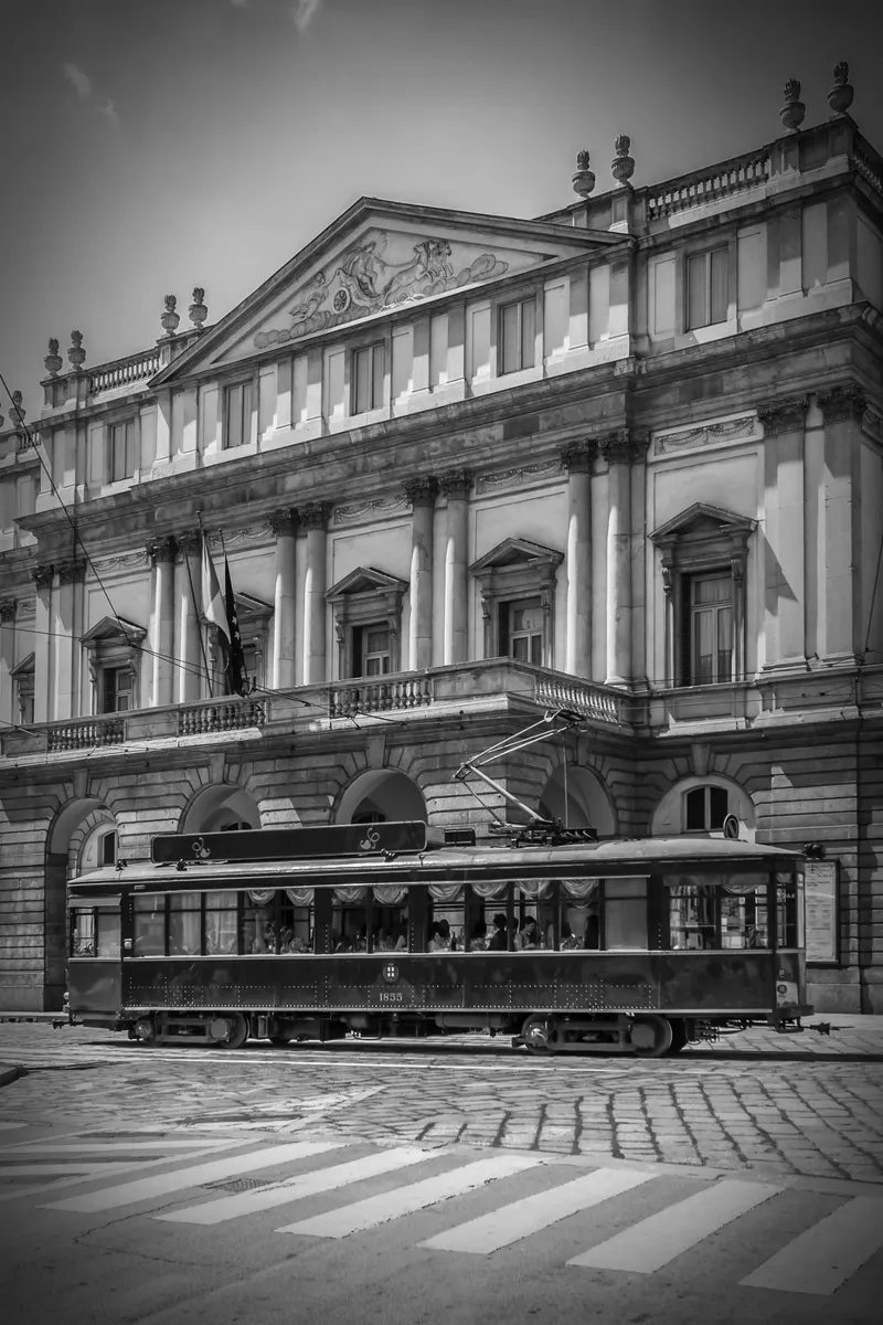 MILAN Teatro alla Scala & tram | Monochrom canvas with Floater frame by Melanie Viola