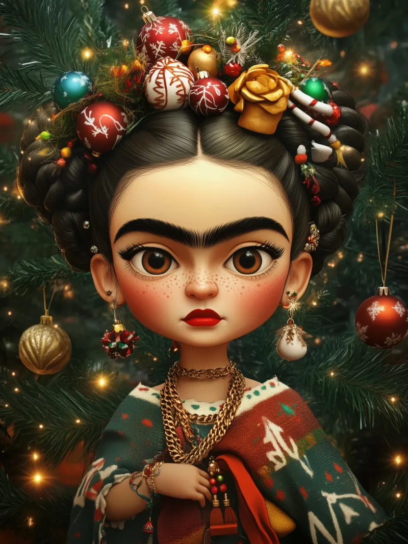 Frida Kahlo Puppe zu Weihnachten | Alternative Barbie Leinwand mit Schattenfugenrahmen von Autofocus