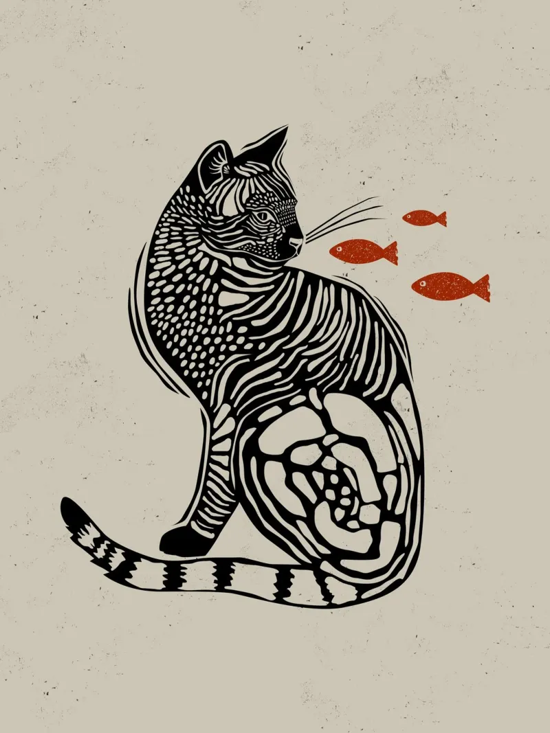 Gatto con pesce poster con telaio in alluminio da Indigo Rain