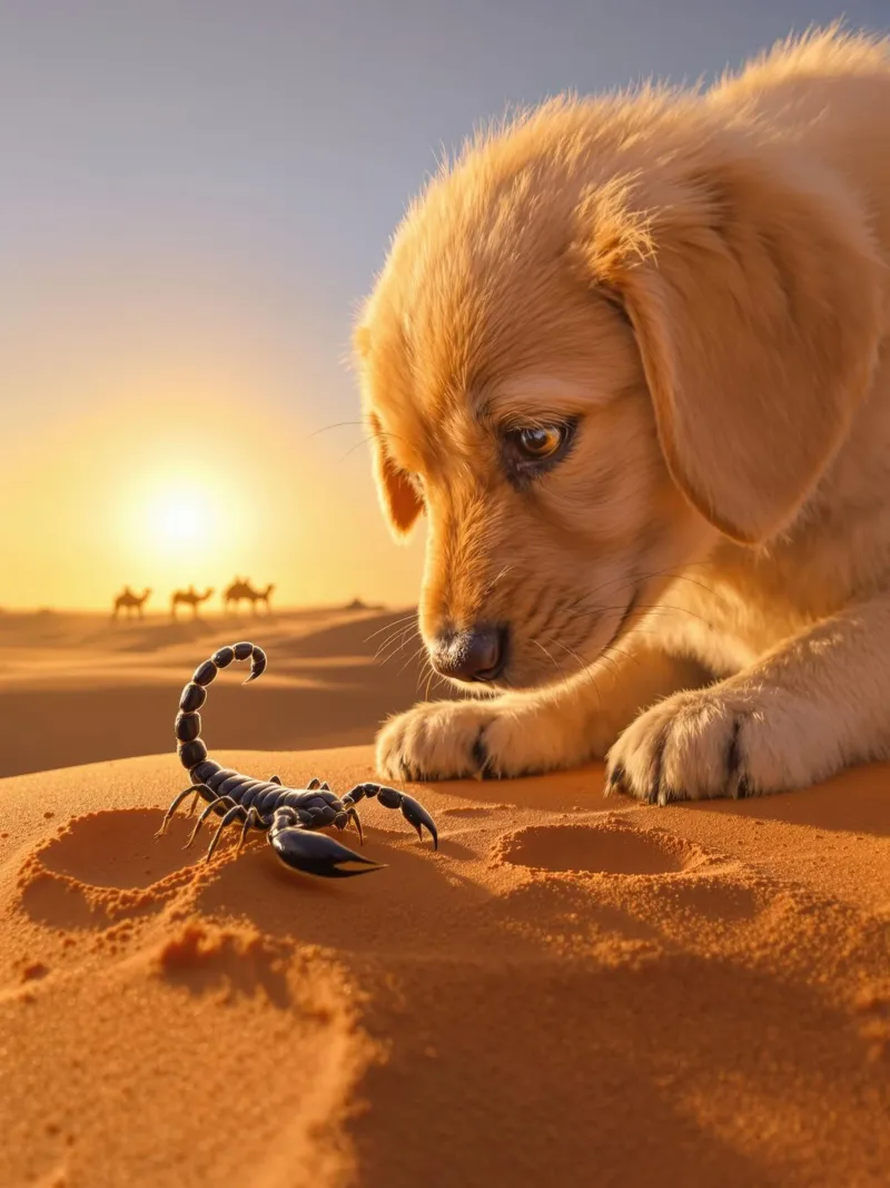 Il cucciolo e lo scorpione nero del deserto poster con telaio in plastica da Art-Travel