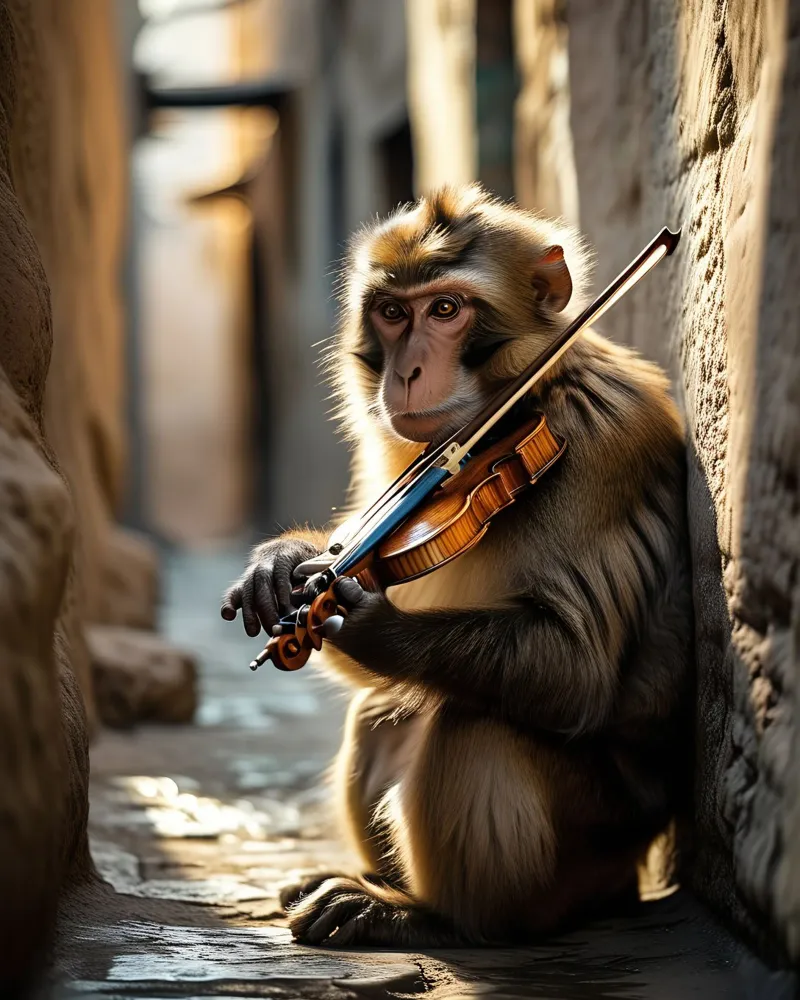 Marrakech's macaque monkey violinist canvas with Floater frame by Art-Travel