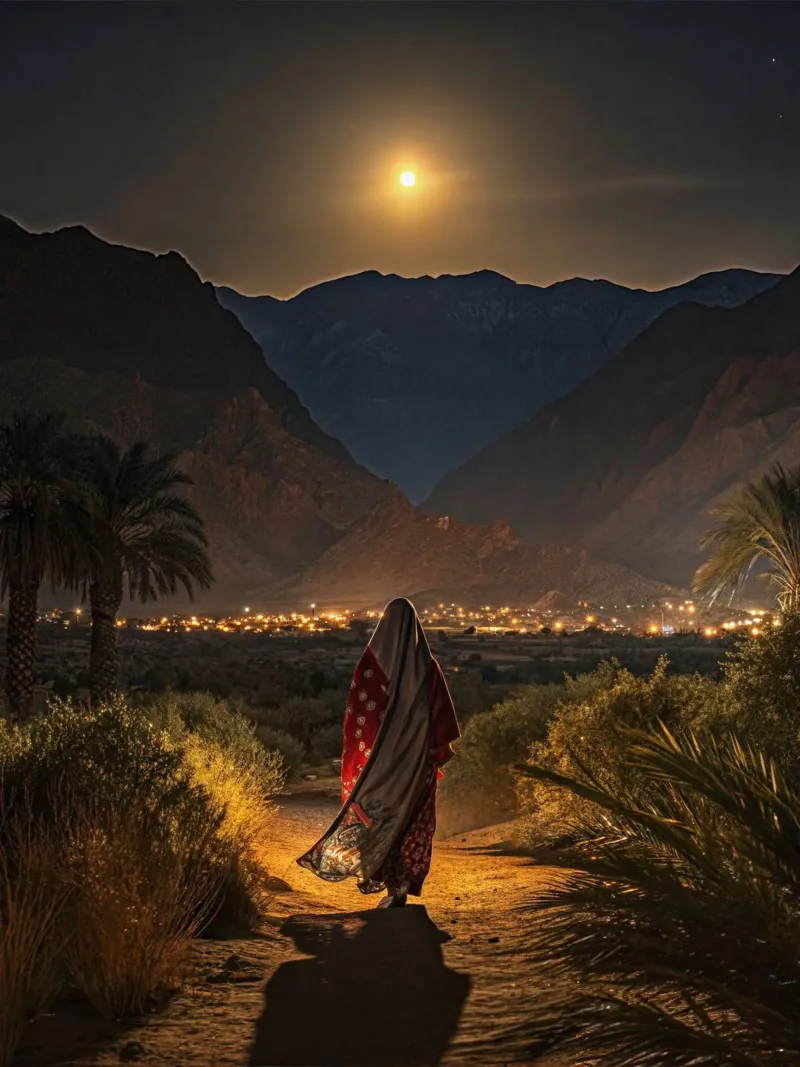 Mujer bereber en un sendero de noche poster de Art-Travel