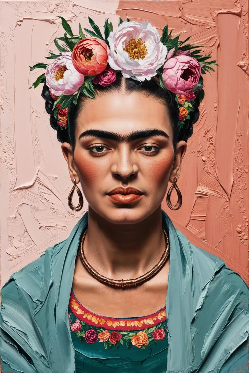 Portret met structuur en bloemenkroon geïnspireerd op Frida Kahlo canvas met Baklijst van AlbertKlee