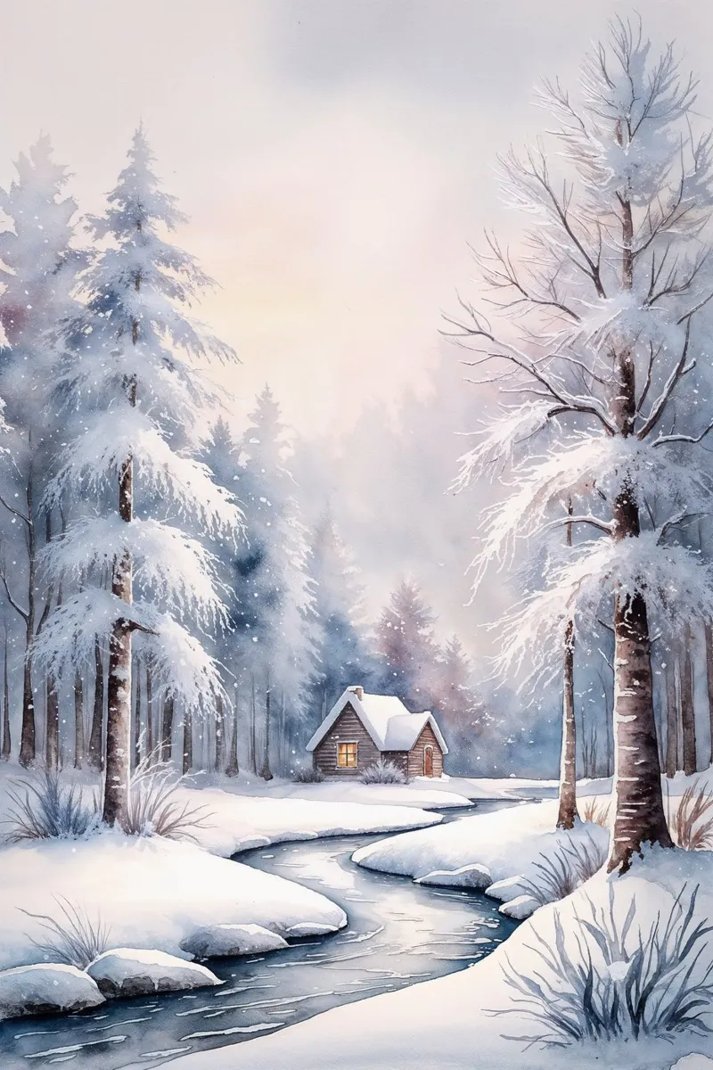 Cabaña de invierno, serena escena de bosque nevado - Arte de Pared poster de AlbertKlee