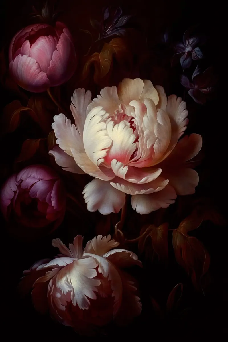 Bouquet di peonie mistiche d'epoca dipinte a mano poster con telaio in alluminio da Flower Garden - Uta Naumann