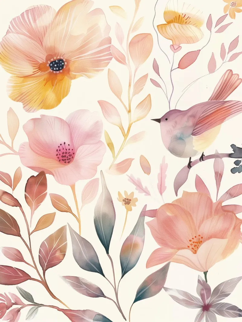 Uccello botanico vintage con fiori giallo papavero rosa arancio poster con telaio in legno da Gentle Echoes Art