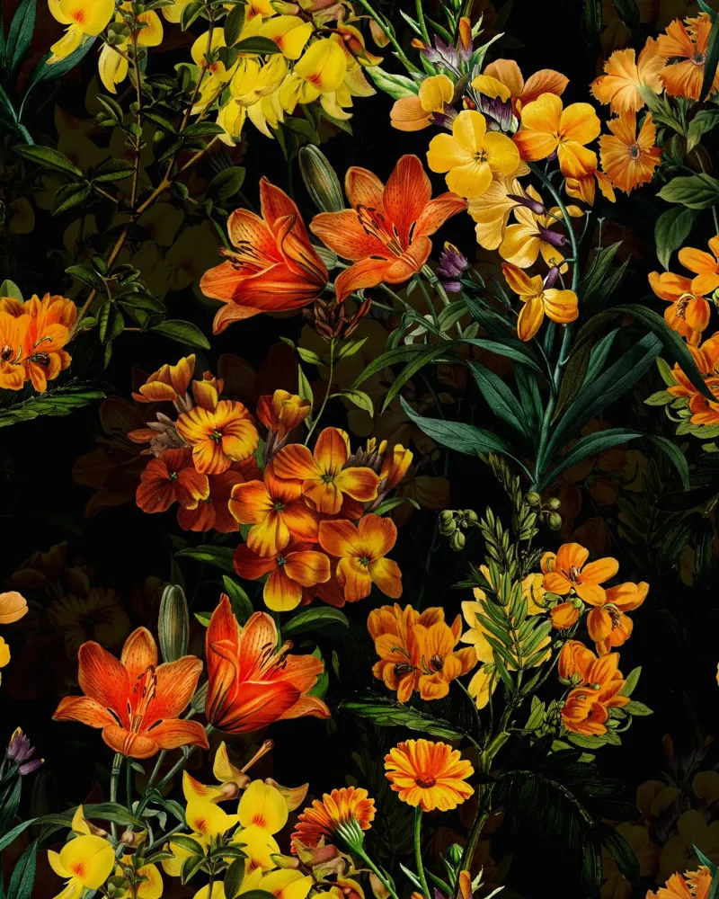 Fiori di campo giallo barocco Giardino mistico di mezzanotte poster con telaio in legno da Flower Garden - Uta Naumann