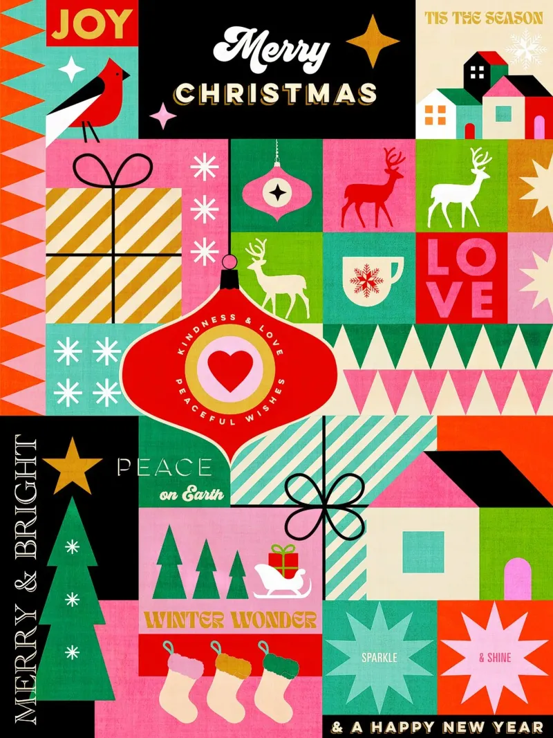 Buon Natale, auguri colorati di buone feste Patchwork carta hahnemühle da Dominique Vari