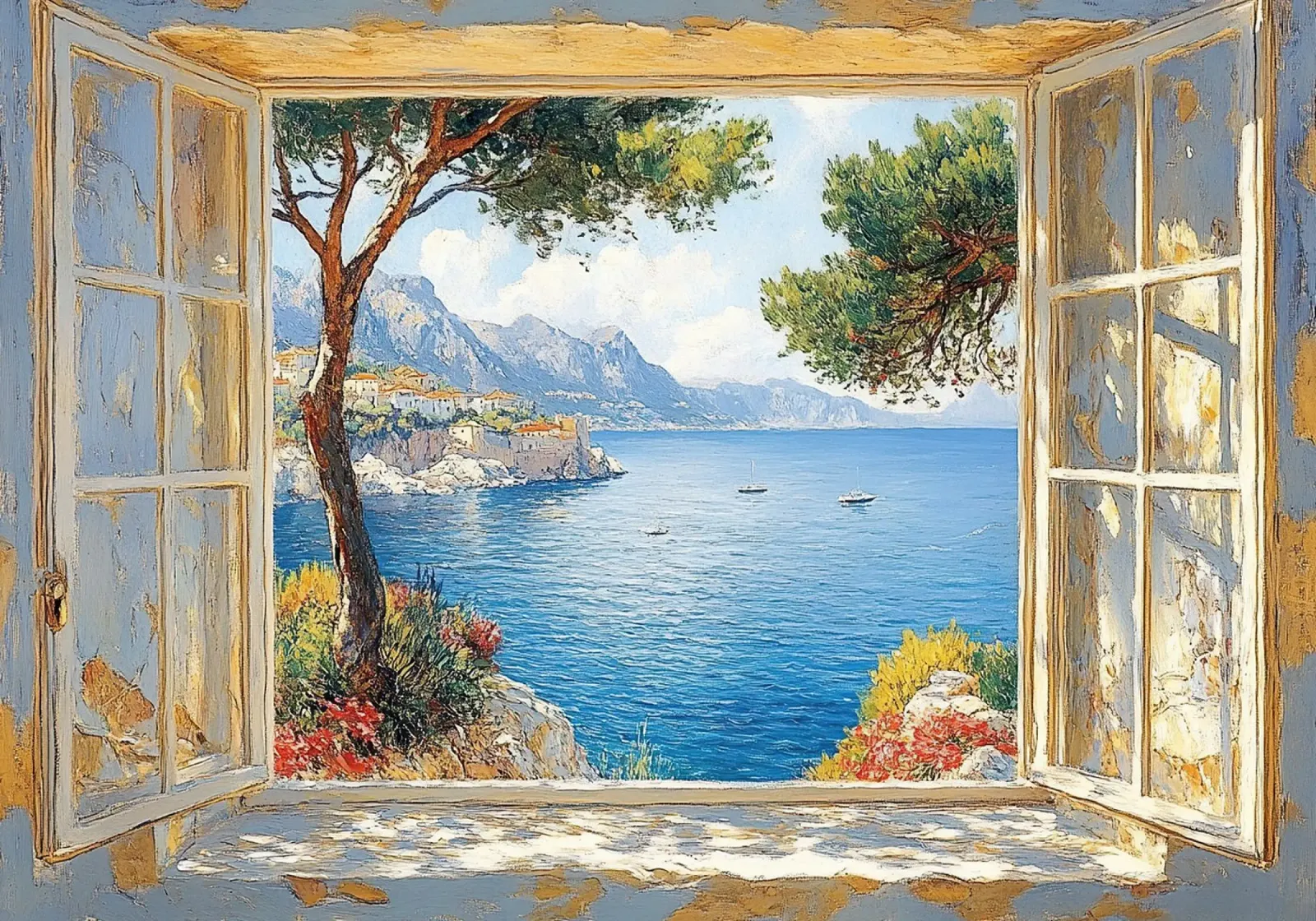 Matisse inspiriert Open Window Poster mit Kunststoffrahmen von Nikis Art Studio
