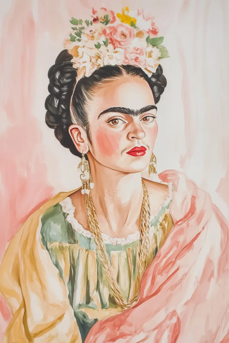 Frida in abito rosa pastello Ritratto plexiglass da Melloi Art Print
