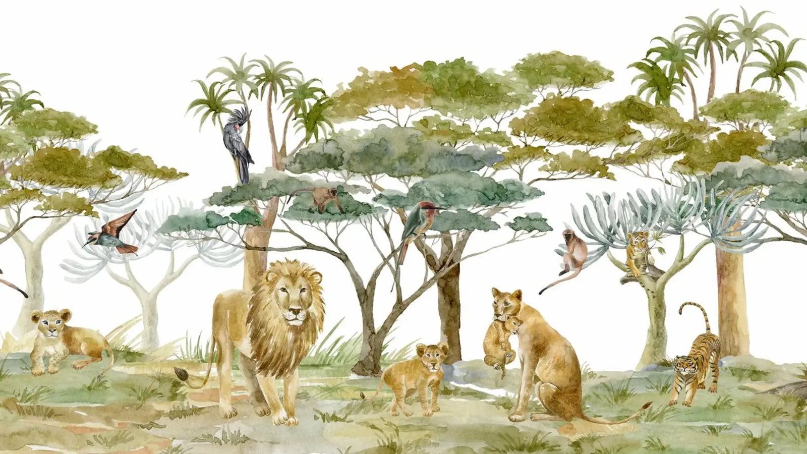 Grillige aquarel Afrikaanse dieren met leeuwenfamilie canvas met Baklijst van Vintage World - Uta Naumann