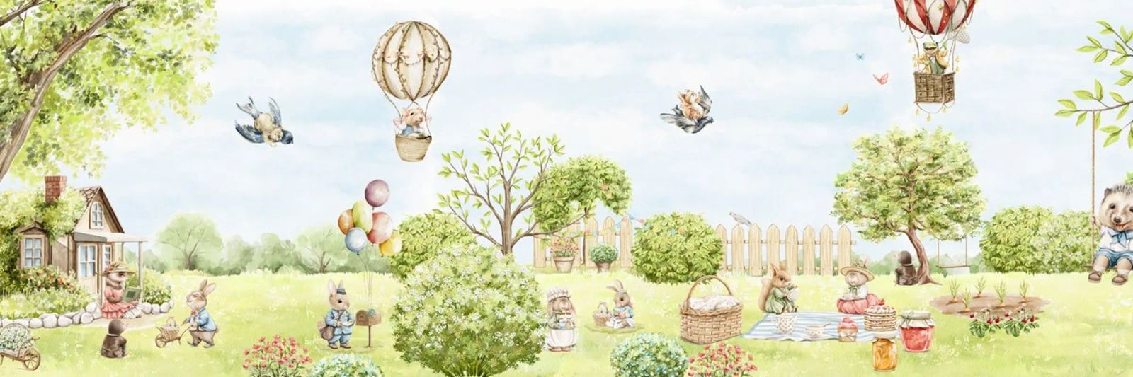 Das süßeste Kinderzimmer Frühling Bunny Garden - Panorama Wallpaper Poster von Vintage World - Uta Naumann