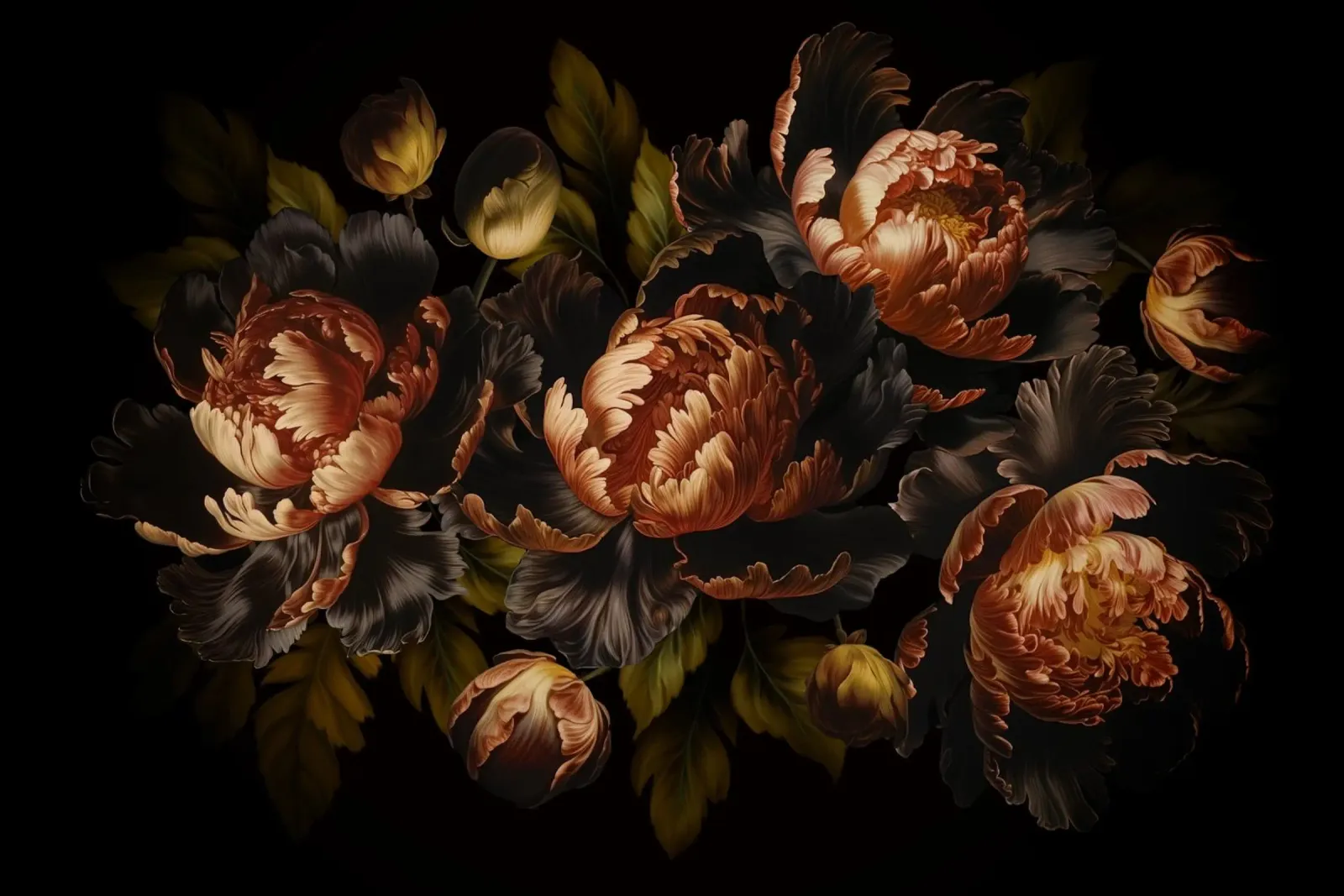 Rame scuro Peonie d'epoca Giardino barocco mistico poster con telaio in legno da Flower Garden - Uta Naumann