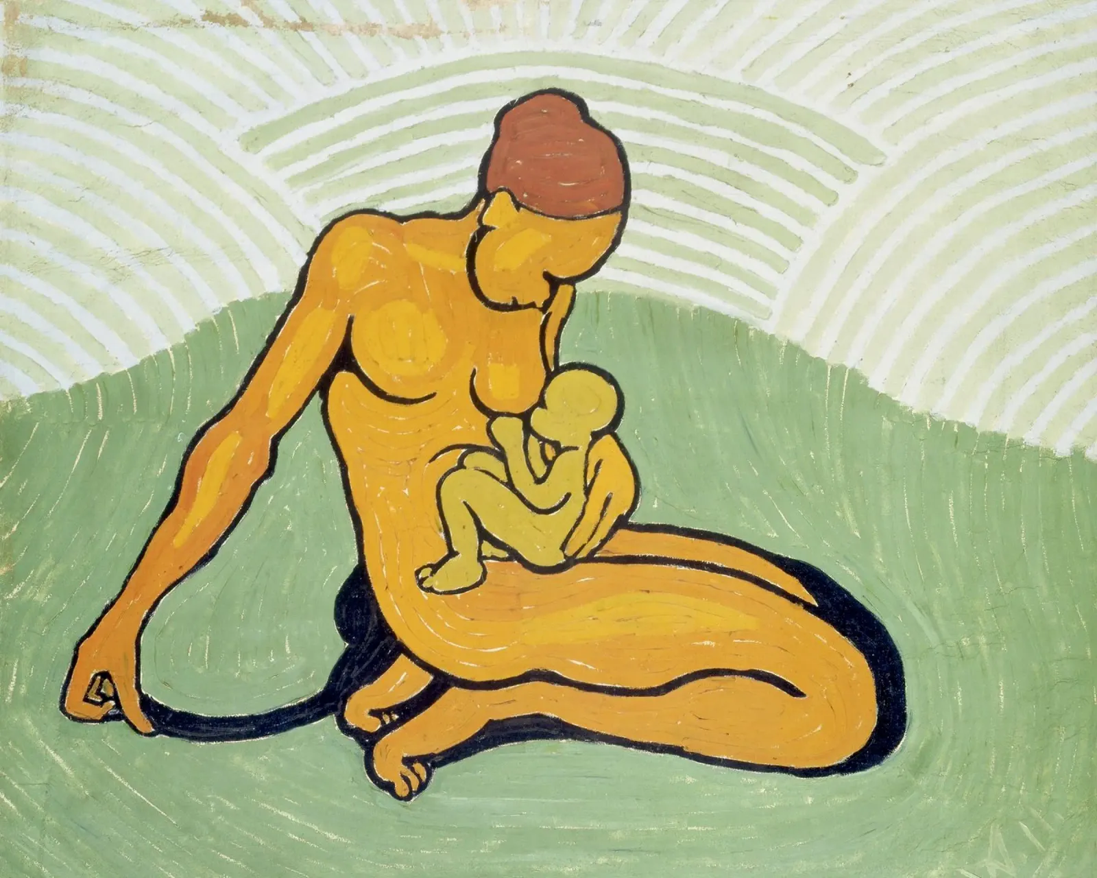 Wilhelm Morgner - Moeder met kind op groene grond canvas met Baklijst van ARTOTHEK