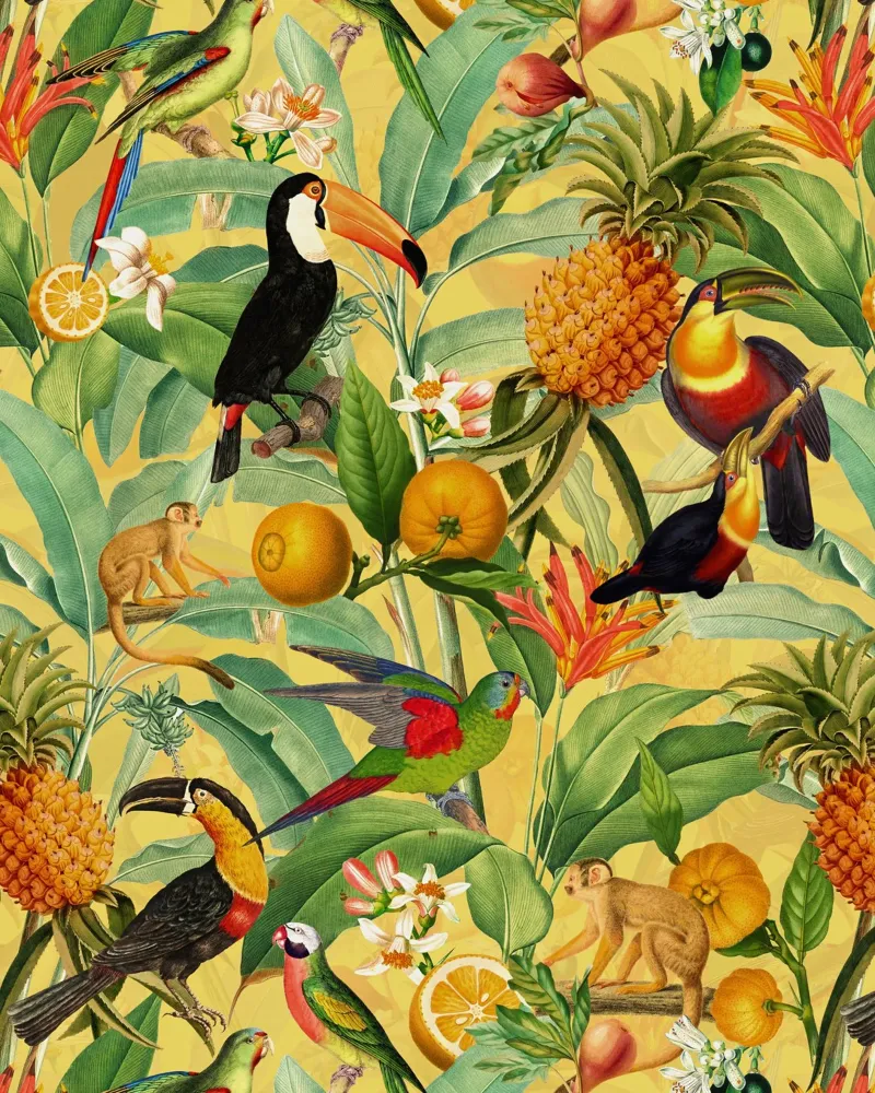 Tucani, scimmie e frutta tropicale Giardino Botanico carta hahnemühle da Flower Garden - Uta Naumann