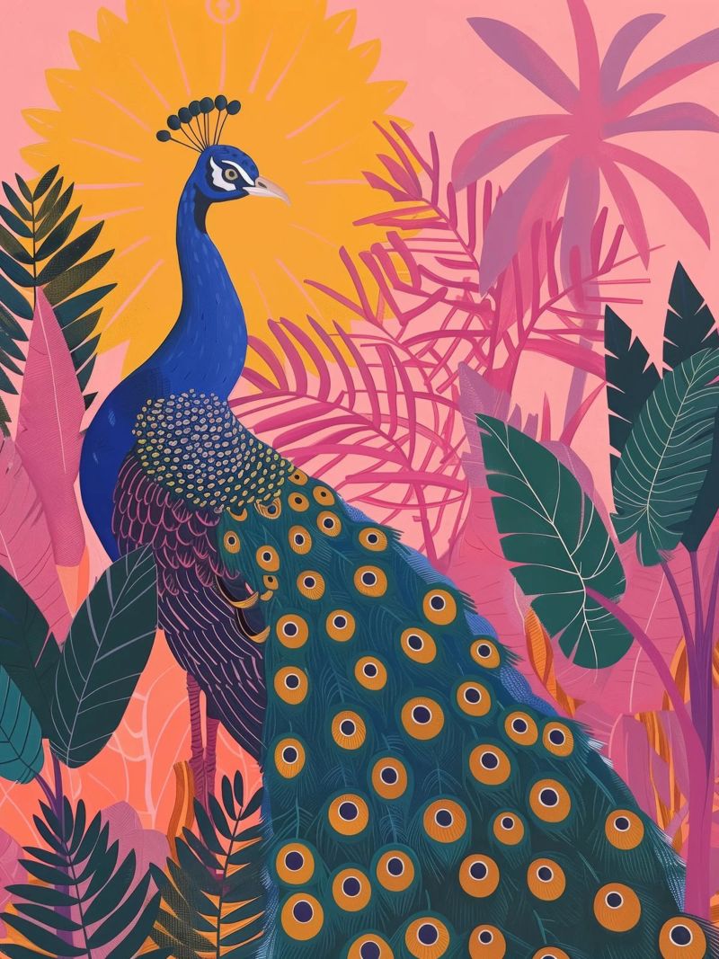 Peacock Among Tropical Plants Pink Botanical Flowers poster by Gentle Echoes Art