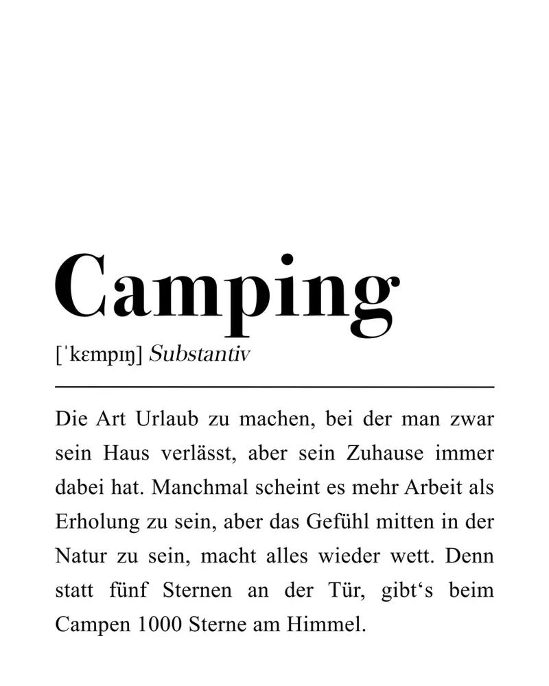 Camping Spruch: Wörterbuch Definition Poster mit Holzrahmen von Pulse of Art