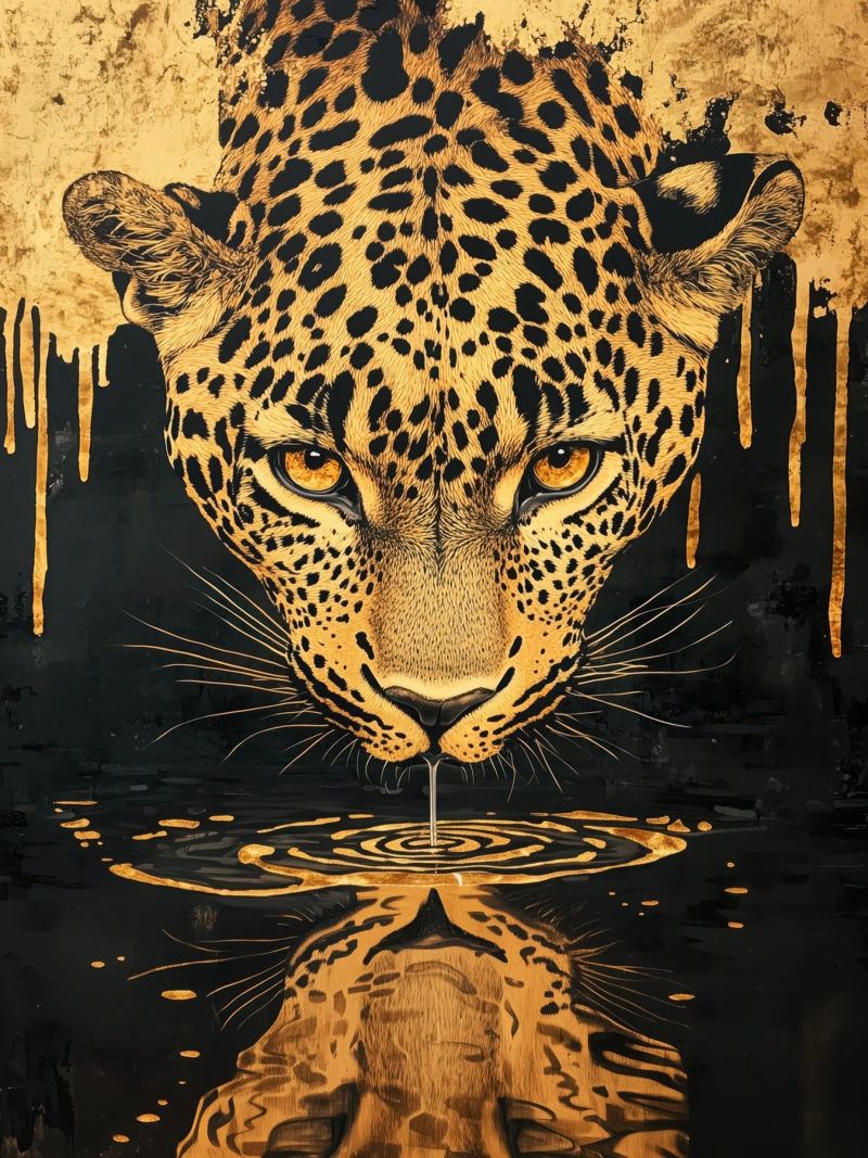 Goldener Leopard am Wasser | Trendy Luxury Street Art Poster von Autofocus