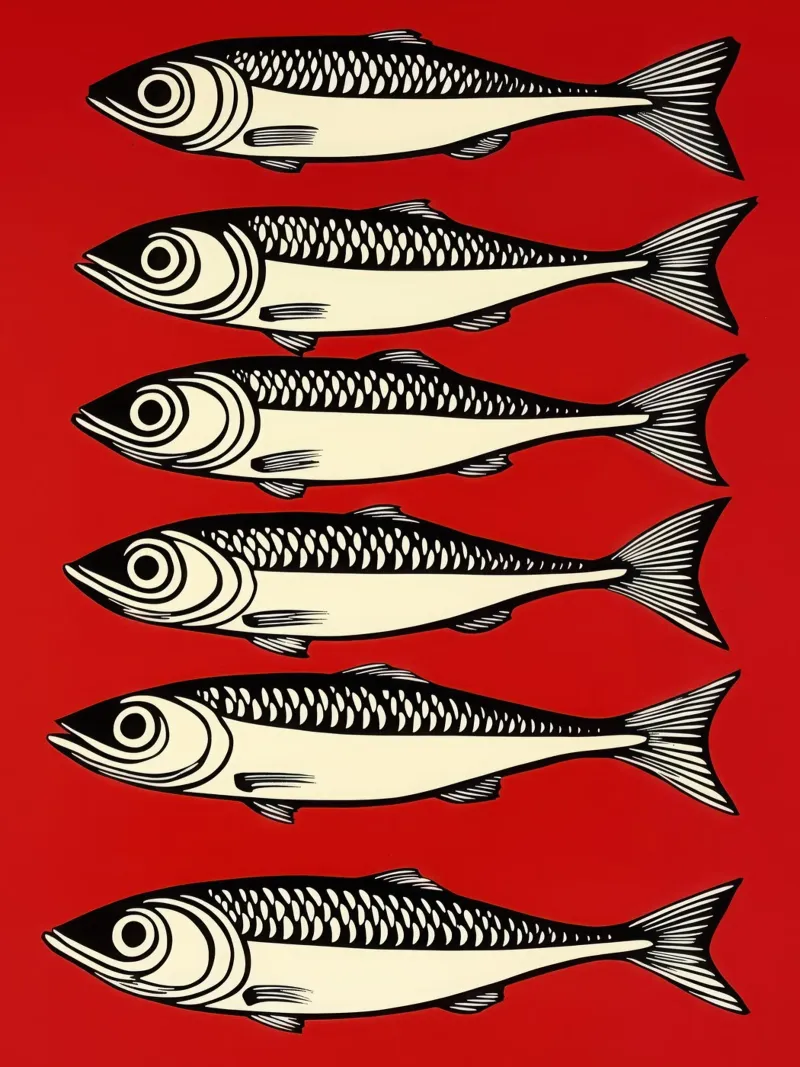 6 sardines on red | Decorative maritime motif canvas with Floater frame by Autofocus