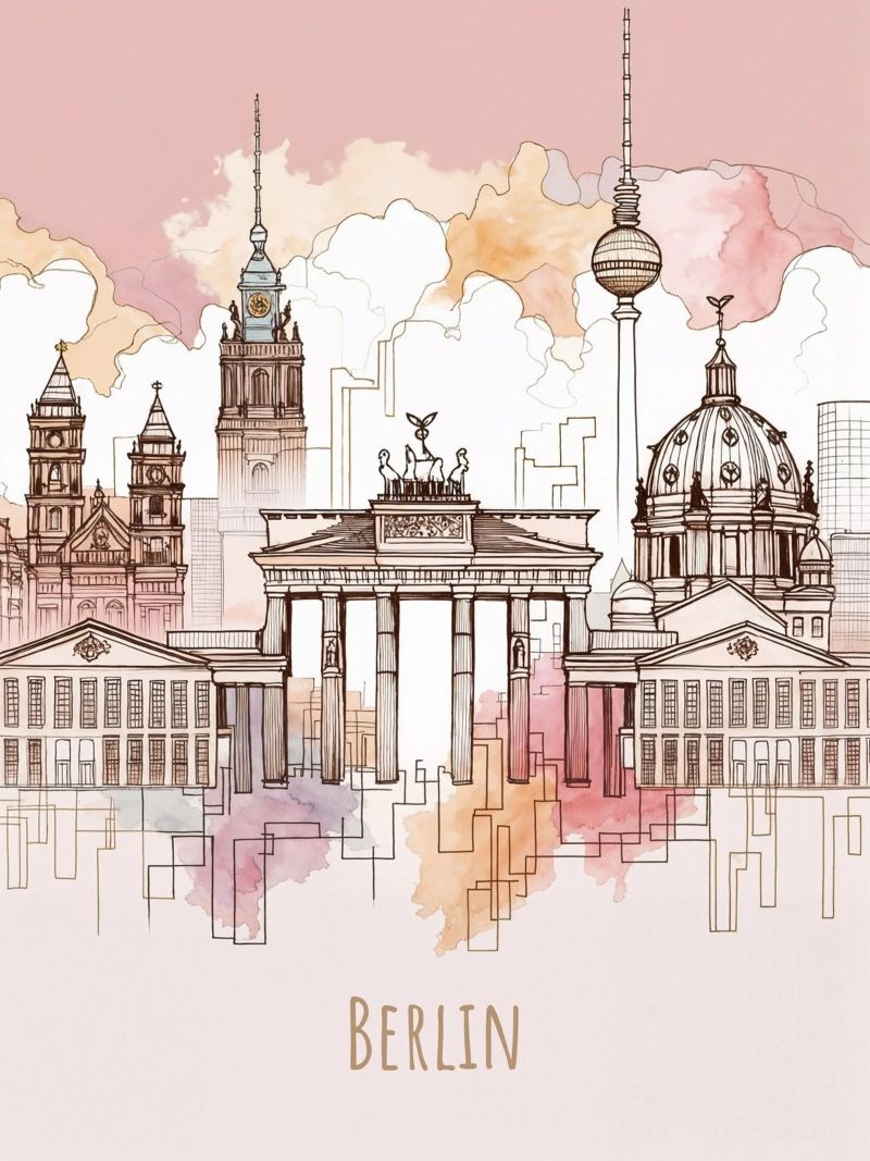 Berlin City minimalist modern landmarks print in watercolor poster by WijdevenDesign