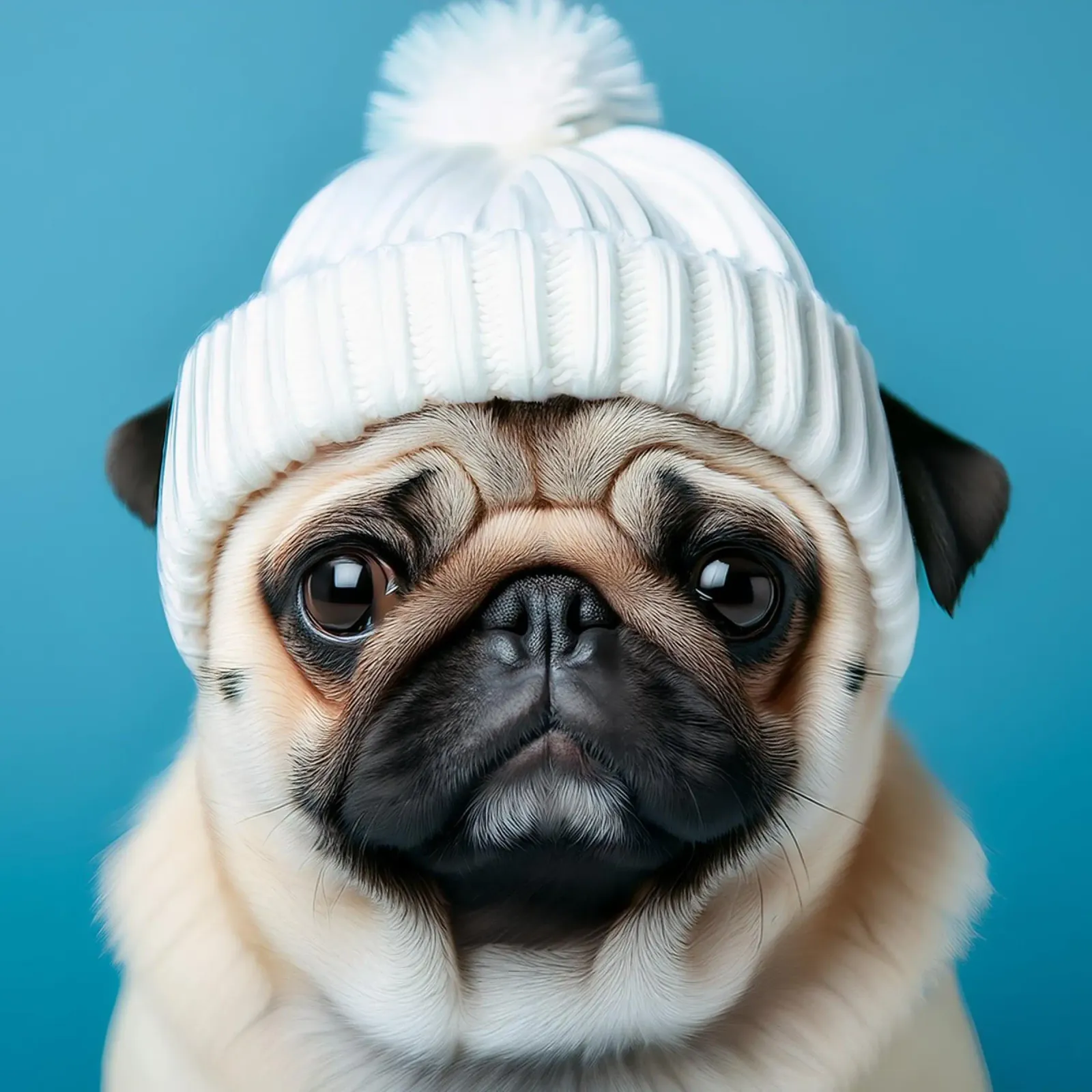 Adorable Carlin portant un bonnet blanc | Photo chien mignon toile avec Caisse américaine de FlexiDesignsByK