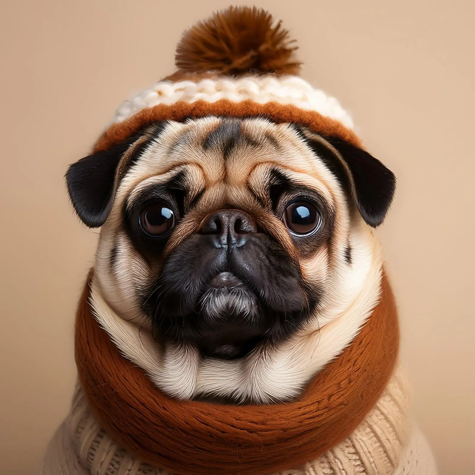 Accogliente carlino con sciarpa e berretto invernale | Adorabile ritratto di cane alluminio dibond da FlexiDesignsByK