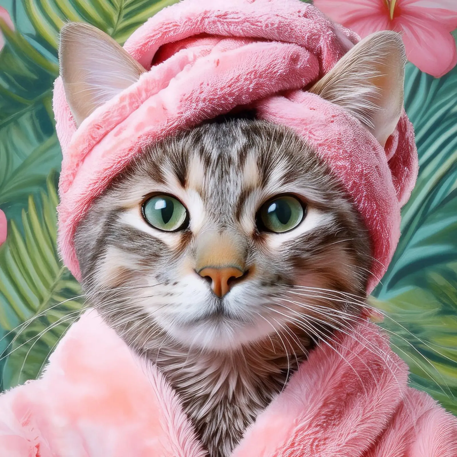 Gatto rilassante con accappatoio e asciugamano rosa Ritratto di gatto a tema spa poster da FlexiDesignsByK
