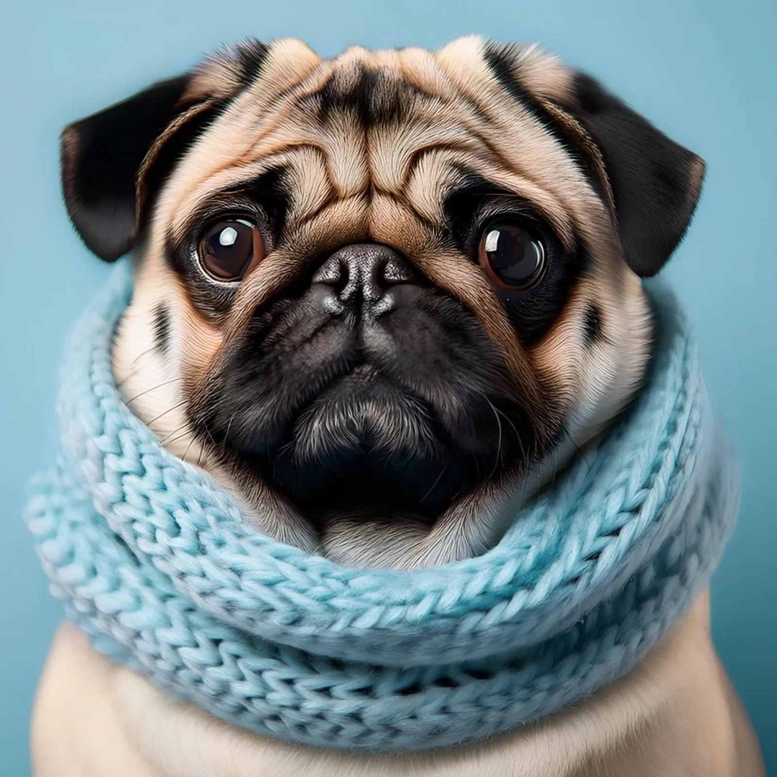Adorabile carlino con un'accogliente sciarpa blu | Ritratto di cane invernale plexiglass da FlexiDesignsByK