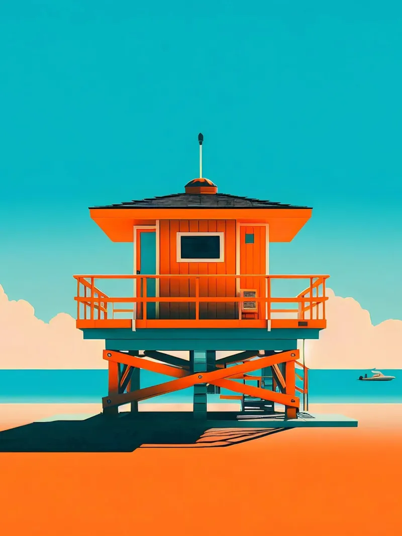 Miami Beach (arancione) poster con telaio in plastica da Digital Naive