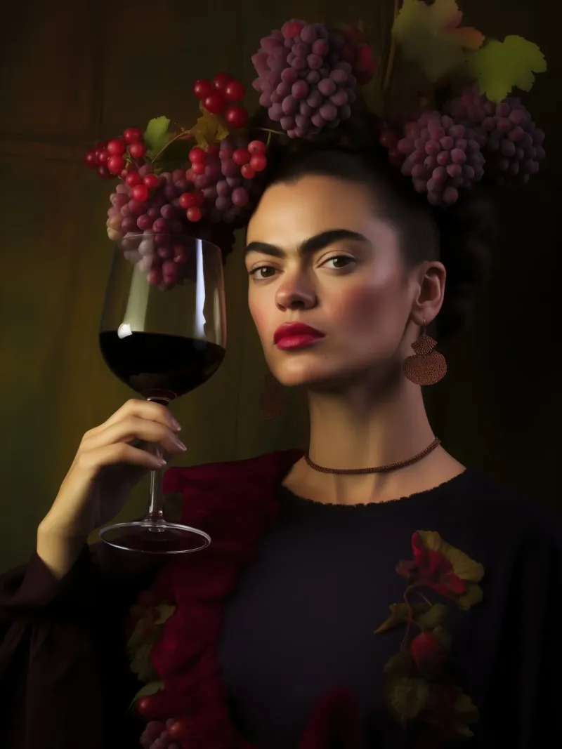 Cin cin Frida | Frida Kahlo con il vino rosso poster con telaio in alluminio da Autofocus