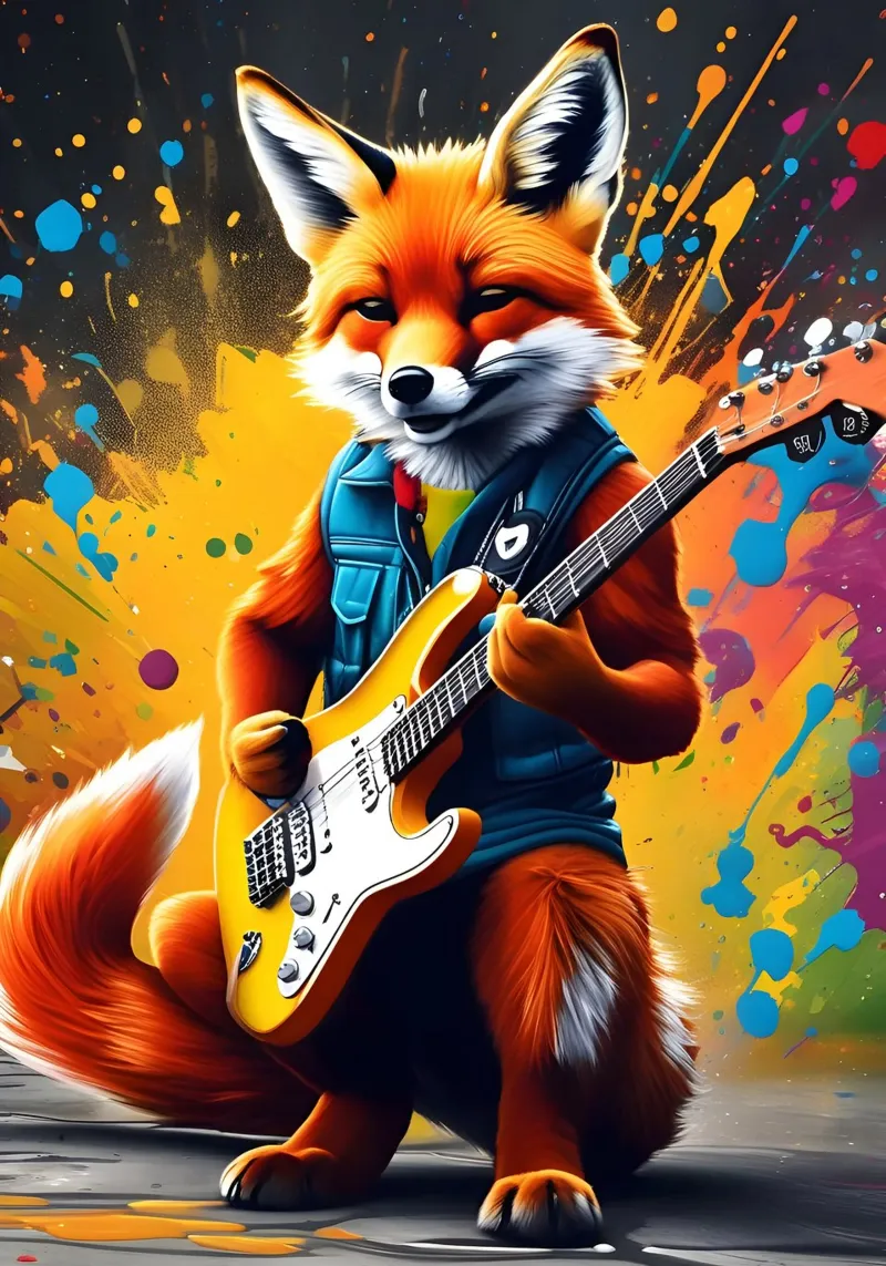 Der Fuchs spielt die Gitarre, Graffiti Leinwand mit Schattenfugenrahmen von MakArena