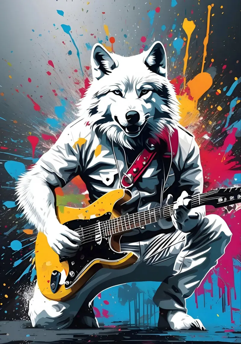 Lupo bianco che suona la chitarra, graffiti pellicola backlit da MakArena