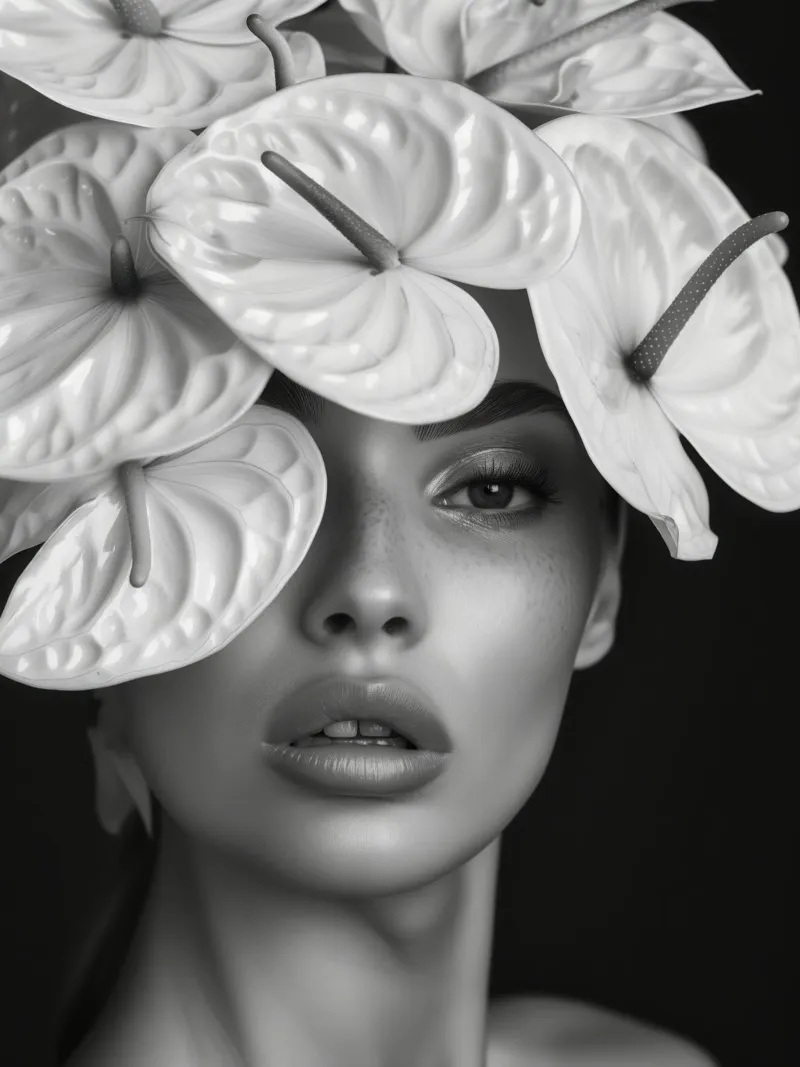 Ritratto di donna in Anthurium | Bianco e nero poster da Autofocus