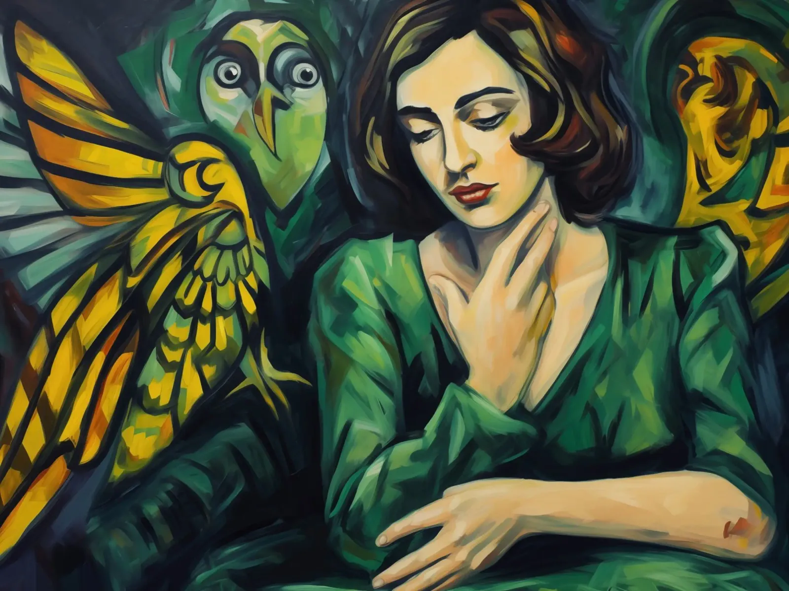 Femme au cauchemar en vert | Peinture expressionniste toile avec Caisse américaine de Autofocus