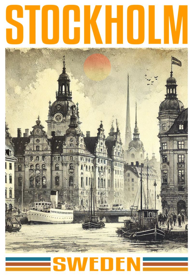 panorama della città di stoccolma anni '70 classico retrò poster da theganduls