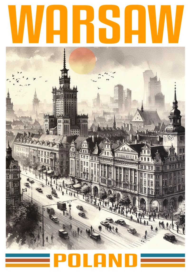 panorama della città di varsavia anni '70 classico retrò poster da theganduls