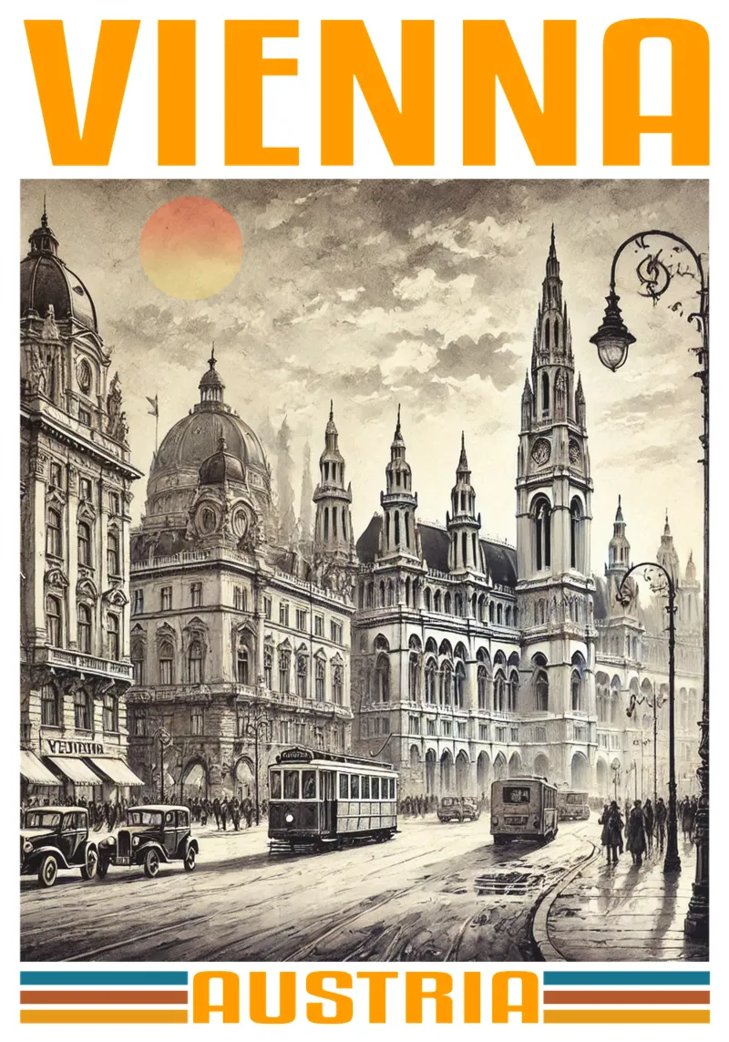 vienna city panorama 70's classic retro poster with plastic frame by theganduls